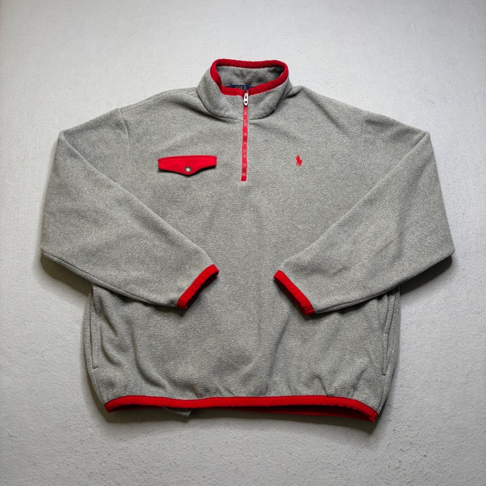 Polo Ralph Lauren Fleece Pullover Mens XL Grey Red 1/4 Zip Y2K Talon Zipper